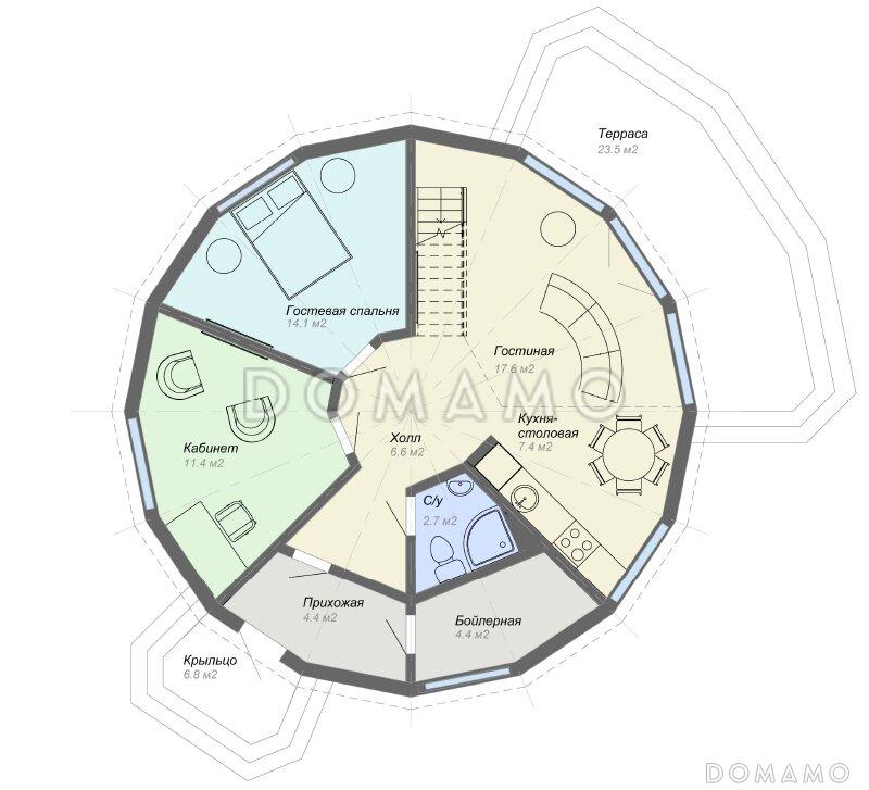 Проект необычного каркасного дома / План 1 этажа