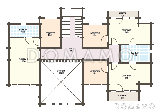 Проект дома из клееного бруса с мансардными окнами и большой площадью остекления / План мансардного этажа
