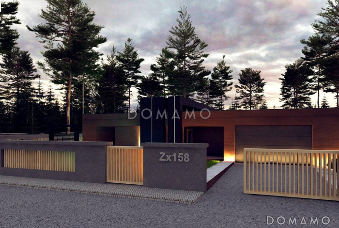 Проект современного одноэтажного дома из кирпича с плоской крышей, с четырьмя комнатами и двухместным гаражом Проект современного одноэтажного дома из кирпича с плоской крышей, с четырьмя комнатами и двухместным гаражом