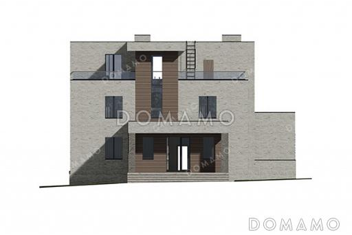 Проект современного особняка с бассейном, бильярдной и открытыми балконами на третьем этаже / Фасад 1