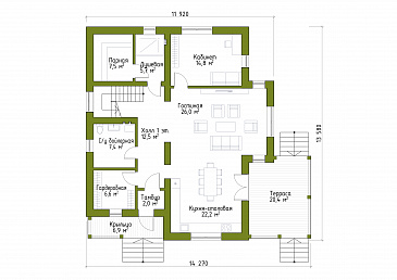 Проект просторного коттеджа в стиле шале из СИП / План 1 этажа Проект просторного коттеджа в стиле шале из СИП / План 1 этажа