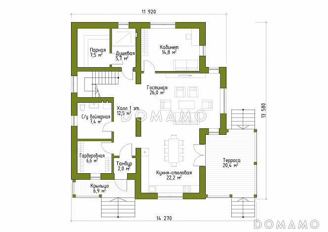 Проект просторного коттеджа в стиле шале из СИП / План 1 этажа Проект просторного коттеджа в стиле шале из СИП / План 1 этажа
