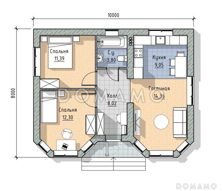 Проект одноэтажного компактного дома в современном стиле / План 1 этажа