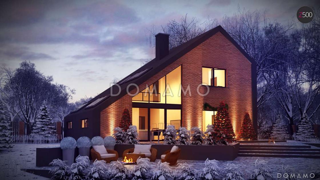 Проект мансардного дома в стиле шале из кирпича с дополнительной спальней на первом этаже, вторым светом и гаражом / 1