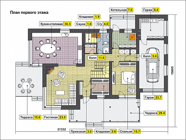 Проект дома с панорамными окнами, гаражом на одну машину, спальней с выходом на террасу, сауной / План 1 этажа