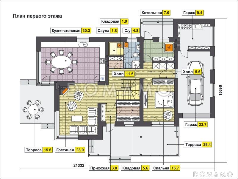 Проект дома с панорамными окнами, гаражом на одну машину, спальней с выходом на террасу, сауной / План 1 этажа