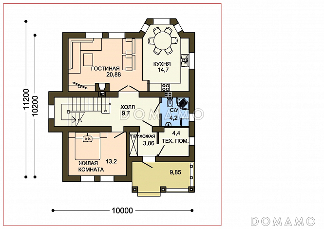 Проект белого дома с эркером кухни и серой кровлей / План 1 этажа Проект белого дома с эркером кухни и серой кровлей / План 1 этажа