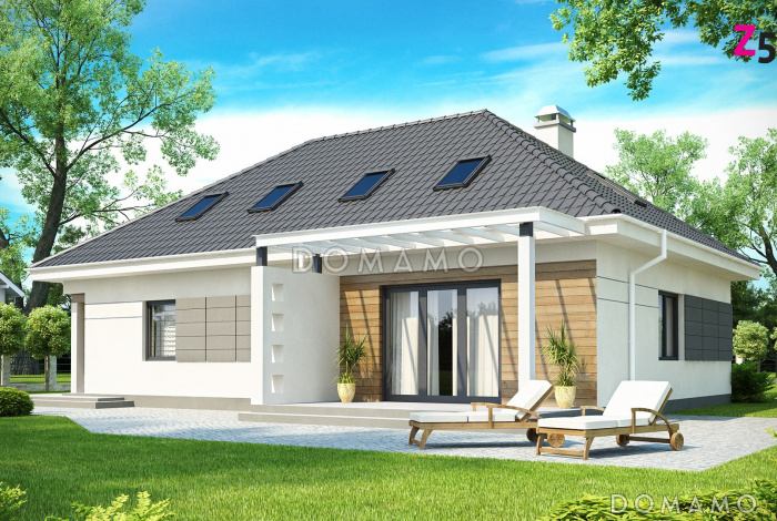 Проект одноэтажного мансардного дома из газобетона с гостевой спальней и кабинетом на первом этаже и встроенным гаражом