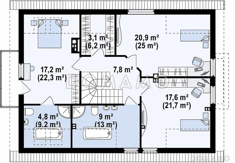 Проект одноэтажного мансардного дома из кирпича с эркером в кухонной зоне, вертикальным мансардным окном и гаражом / План мансардного этажа