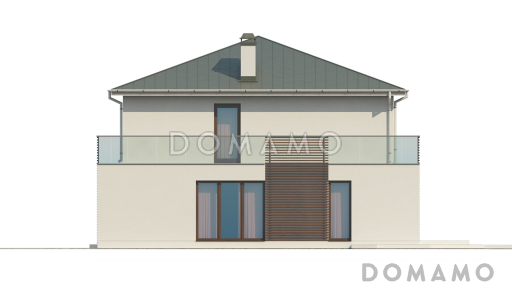 Проект современного двухэтажного дома из кирпича с дополнительной спальней на первом этаже, гаражом и открытой террасой на втором этаже / Фасад 2