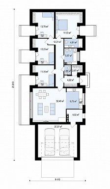 Проект комфортного одноэтажного дома из газобетона с четырьмя спальнями и гаражом на два автомобиля / План 1 этажа
