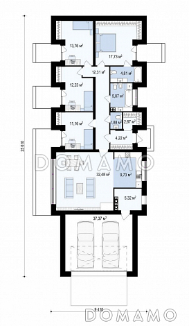 Проект комфортного одноэтажного дома из газобетона с четырьмя спальнями и гаражом на два автомобиля / План 1 этажа