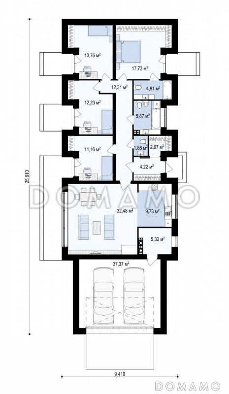 Проект комфортного одноэтажного дома из газобетона с четырьмя спальнями и гаражом на два автомобиля / План 1 этажа