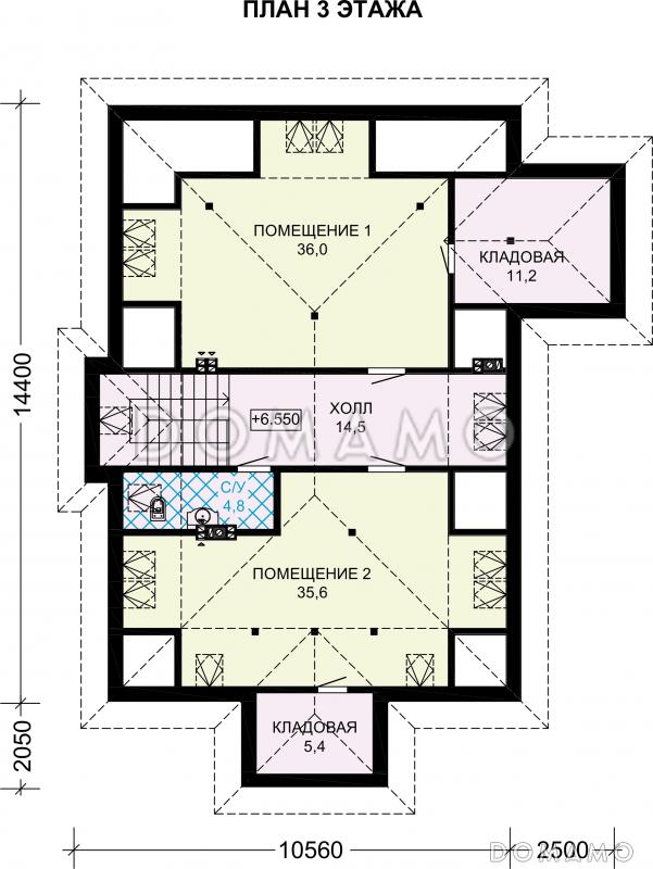 Проект двухэтажного особняка из газобетона с мансардой, балконом и террасой / План мансардного этажа