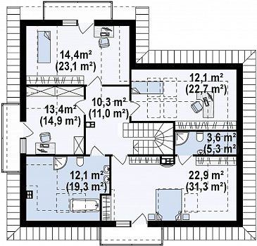 Проект просторного одноэтажного мансардного коттеджа из газобетона с гостевой спальней на первом этаже, кабинетом и гаражом / План мансардного этажа Проект просторного одноэтажного мансардного коттеджа из газобетона с гостевой спальней на первом этаже, кабинетом и гаражом / План мансардного этажа