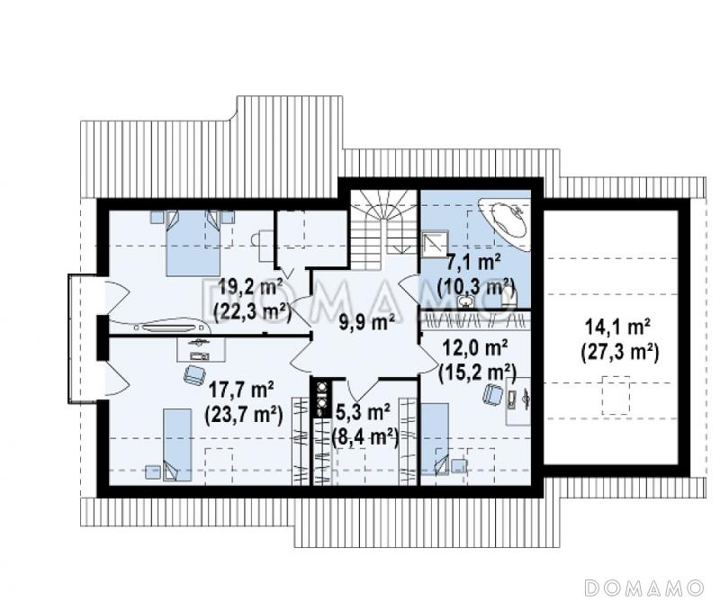 Проект одноэтажного мансардного дома из газобетона с четырьмя спальнями, эркером и гаражом / План мансардного этажа