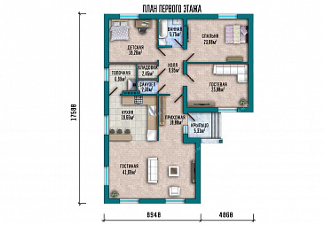 Проект одноэтажного дома с просторной гостиной, тремя спальнями и котельной / План 1 этажа