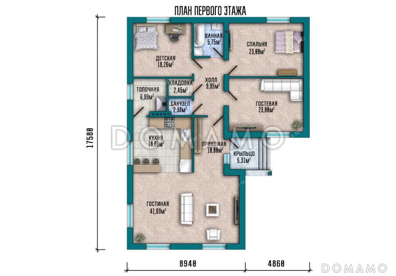 Проект одноэтажного дома с просторной гостиной, тремя спальнями и котельной / План 1 этажа