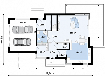 Проект современного двухэтажного дома из кирпича в стиле модерн с пятью спальнями, с гаражом, угловой террасой и балконом над ней / План 1 этажа Проект современного двухэтажного дома из кирпича в стиле модерн с пятью спальнями, с гаражом, угловой террасой и балконом над ней / План 1 этажа