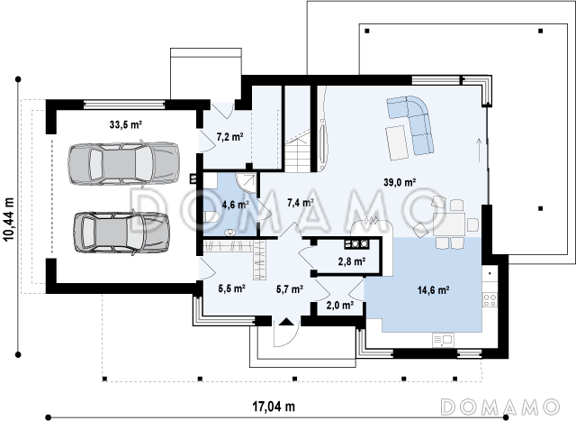 Проект современного двухэтажного дома из кирпича в стиле модерн с пятью спальнями, с гаражом, угловой террасой и балконом над ней / План 1 этажа