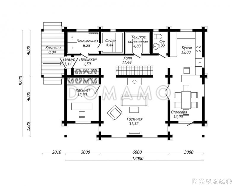 Проект изумительного белого цвета дома из клееного бруса / План 1 этажа