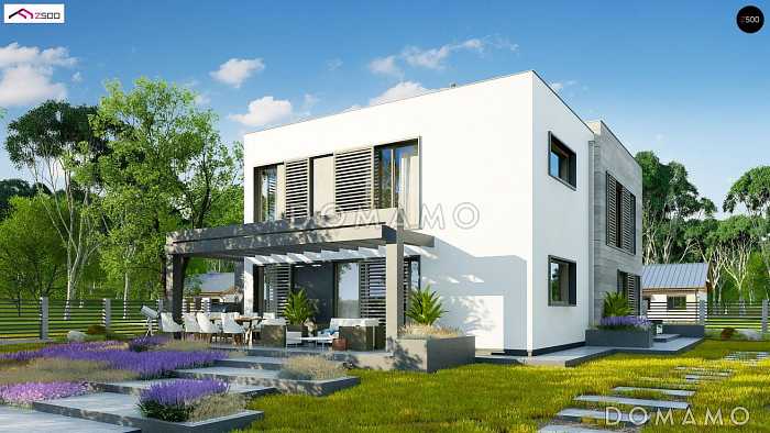 Проект современного двухэтажного дома из кирпича с плоской крышей с четырьмя спальнями, кабинетом и двухместным гаражом Проект современного двухэтажного дома из кирпича с плоской крышей с четырьмя спальнями, кабинетом и двухместным гаражом