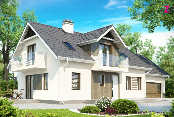 Проект просторного одноэтажного дома из кирпича с тремя спальнями и подсобным помещением на мансардном этаже и со встроенным гаражом