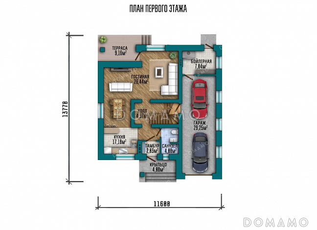 Проект одноэтажного дома с мансардой и гаражом на два авто / План 1 этажа Проект одноэтажного дома с мансардой и гаражом на два авто / План 1 этажа