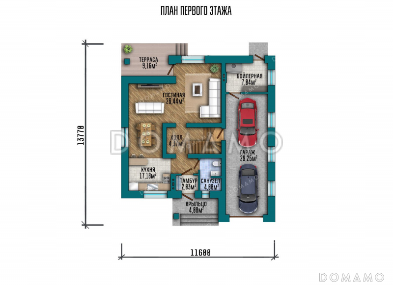 Проект одноэтажного дома с мансардой и гаражом на два авто / План 1 этажа