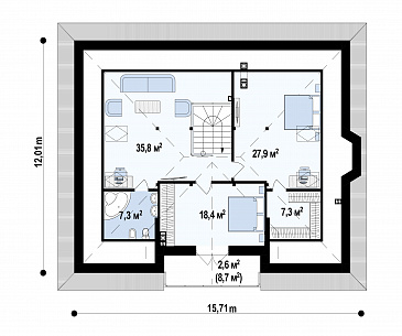 Проект загородного дома с кладовой в кухне, эркером, террасой, балконом / План мансардного этажа
