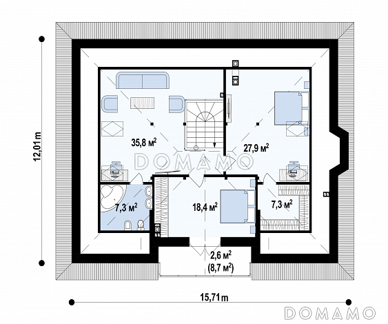 Проект загородного дома с кладовой в кухне, эркером, террасой, балконом / План мансардного этажа