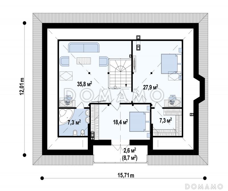 Проект загородного дома с кладовой в кухне, эркером, террасой, балконом / План мансардного этажа