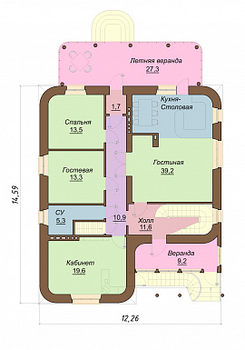 Проект одноэтажного кирпичного коттеджа с мансардным этажом / План 1 этажа Проект одноэтажного кирпичного коттеджа с мансардным этажом / План 1 этажа