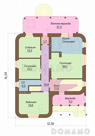 Проект одноэтажного кирпичного коттеджа с мансардным этажом / План 1 этажа Проект одноэтажного кирпичного коттеджа с мансардным этажом / План 1 этажа