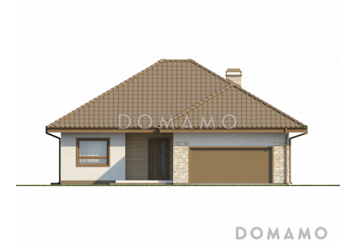 Проект одноэтажного дома из кирпича с просторной гостиной, большим гаражом и двумя спальнями / Фасад 1