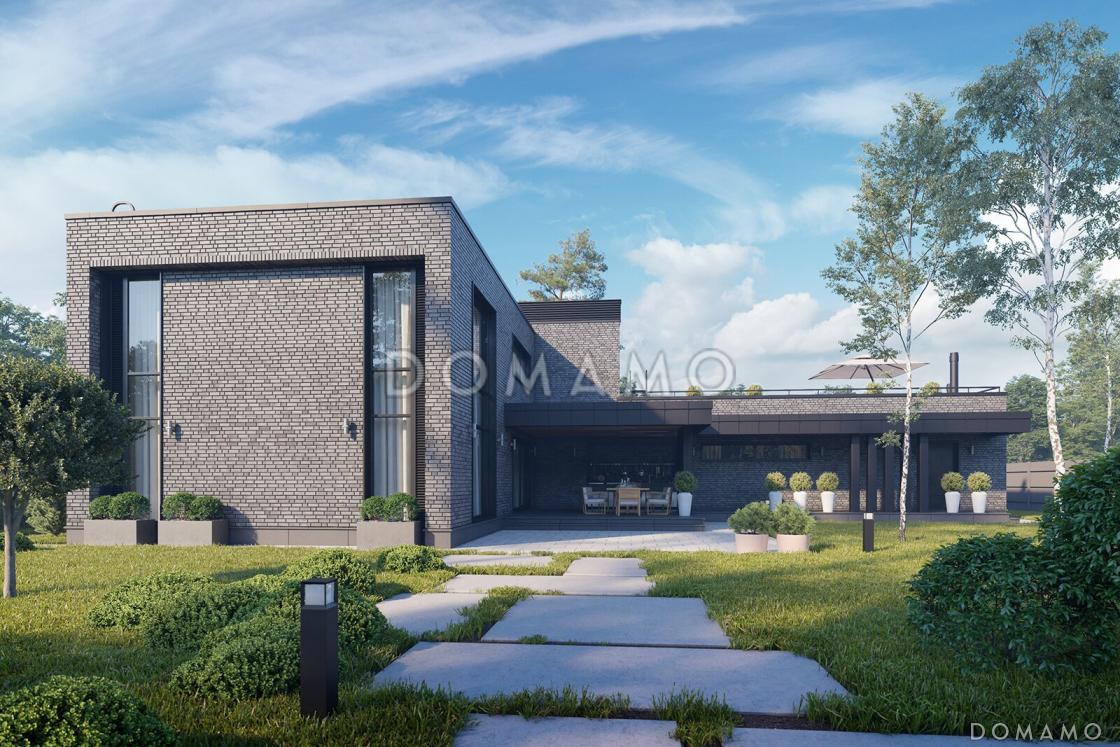 Проект кирпичного дома в стиле хай-тек с эксплуатируемой кровлей, вторым светом и просторной террасой / 3