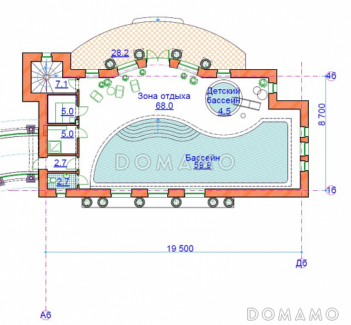 Проект бассейна с тренажерным залом / План 1 этажа