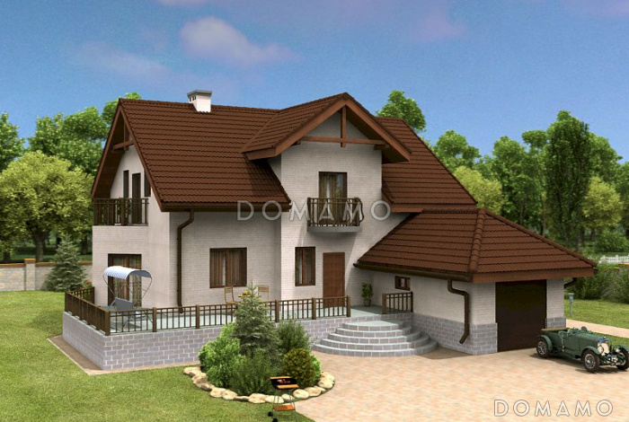 Проект дома с треугольным эркером и гаражом на одну машину Проект дома с треугольным эркером и гаражом на одну машину