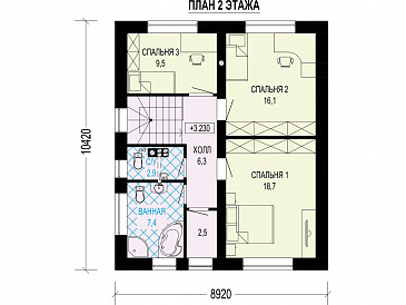 Проект загородного дома с тремя санузлами, гостиной с камином, кладовой у крыльца / План 2 этажа Проект загородного дома с тремя санузлами, гостиной с камином, кладовой у крыльца / План 2 этажа