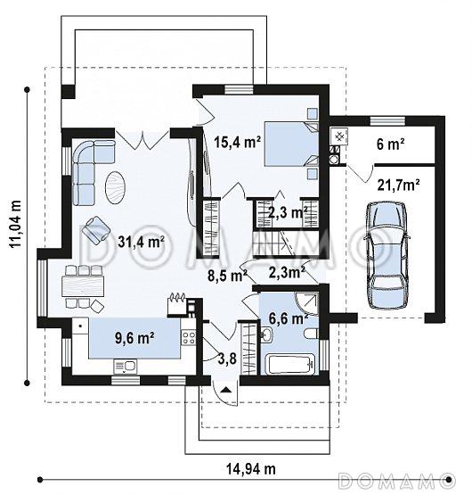 Проект одноэтажного дома из кирпича с мансардным этажом с прямоугольным эркером, балконом и пристроенным гаражом / План 1 этажа
