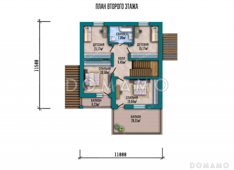 Проект одноэтажного дома с просторной террасой и двумя балконами / План мансардного этажа