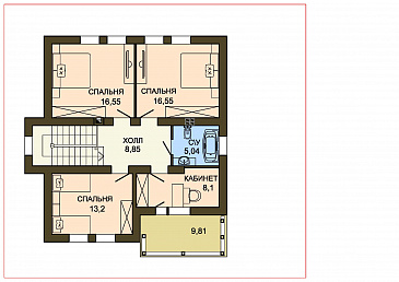 Проект облицованного кирпичом дома с панорамным эркером в кухне / План 2 этажа Проект облицованного кирпичом дома с панорамным эркером в кухне / План 2 этажа