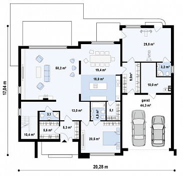 Проект большого комфортабельного двухэтажного дома из кирпича с пятью комнатами, спортзалом и вторым светом над просторной гостиной / План 1 этажа Проект большого комфортабельного двухэтажного дома из кирпича с пятью комнатами, спортзалом и вторым светом над просторной гостиной / План 1 этажа