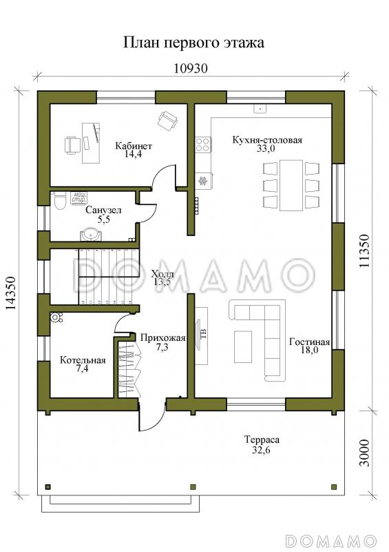 Проект двухэтажного дома с совмещенной кухней-столовой и гостиной, четырьмя спальнями и крытой террасой / План 1 этажа