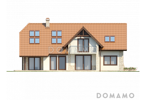 Проект просторного мансардного коттеджа из кирпича с пятью спальнями, кабинетом и гаражом / Фасад 4