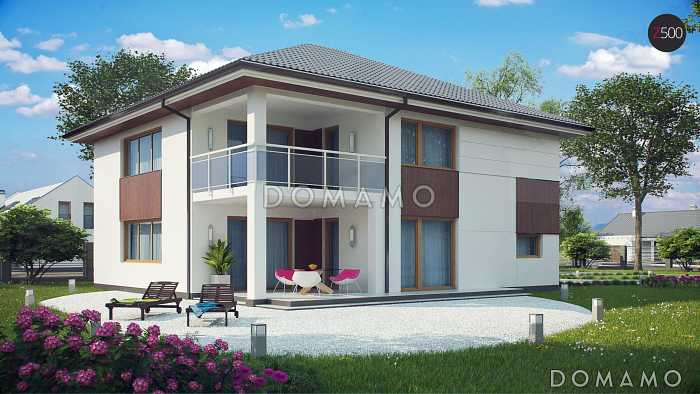 Проект просторного двухэтажного дома из кирпича со встроенным гаражом и двумя террасами на обоих уровнях