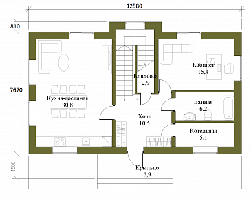 Проект компактного двухэтажного коттеджа по технологии ЛСТК с пятью спальнями / План 1 этажа Проект компактного двухэтажного коттеджа по технологии ЛСТК с пятью спальнями / План 1 этажа