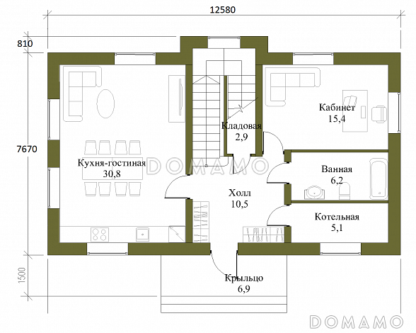 Проект компактного двухэтажного коттеджа по технологии ЛСТК с пятью спальнями / План 1 этажа Проект компактного двухэтажного коттеджа по технологии ЛСТК с пятью спальнями / План 1 этажа