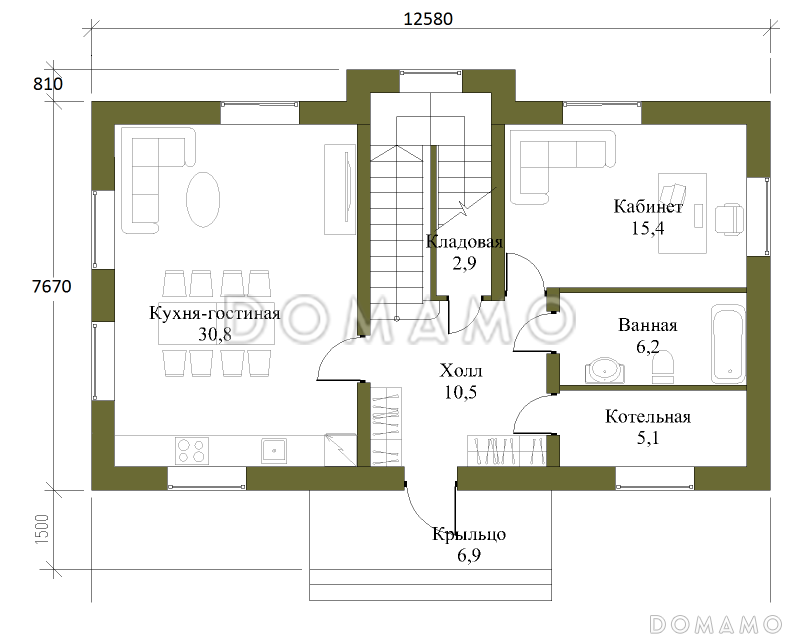 Проект компактного двухэтажного коттеджа по технологии ЛСТК с пятью спальнями / План 1 этажа