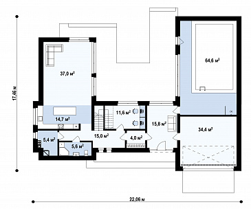 Проект двухэтажного дома с гаражом, большой прихожей, светлой гостиной, кабинетом / План 1 этажа Проект двухэтажного дома с гаражом, большой прихожей, светлой гостиной, кабинетом / План 1 этажа